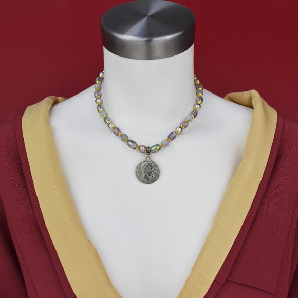 Silver coin charm choker, colorful multi beads and pearl necklace - Picture 3 of 4